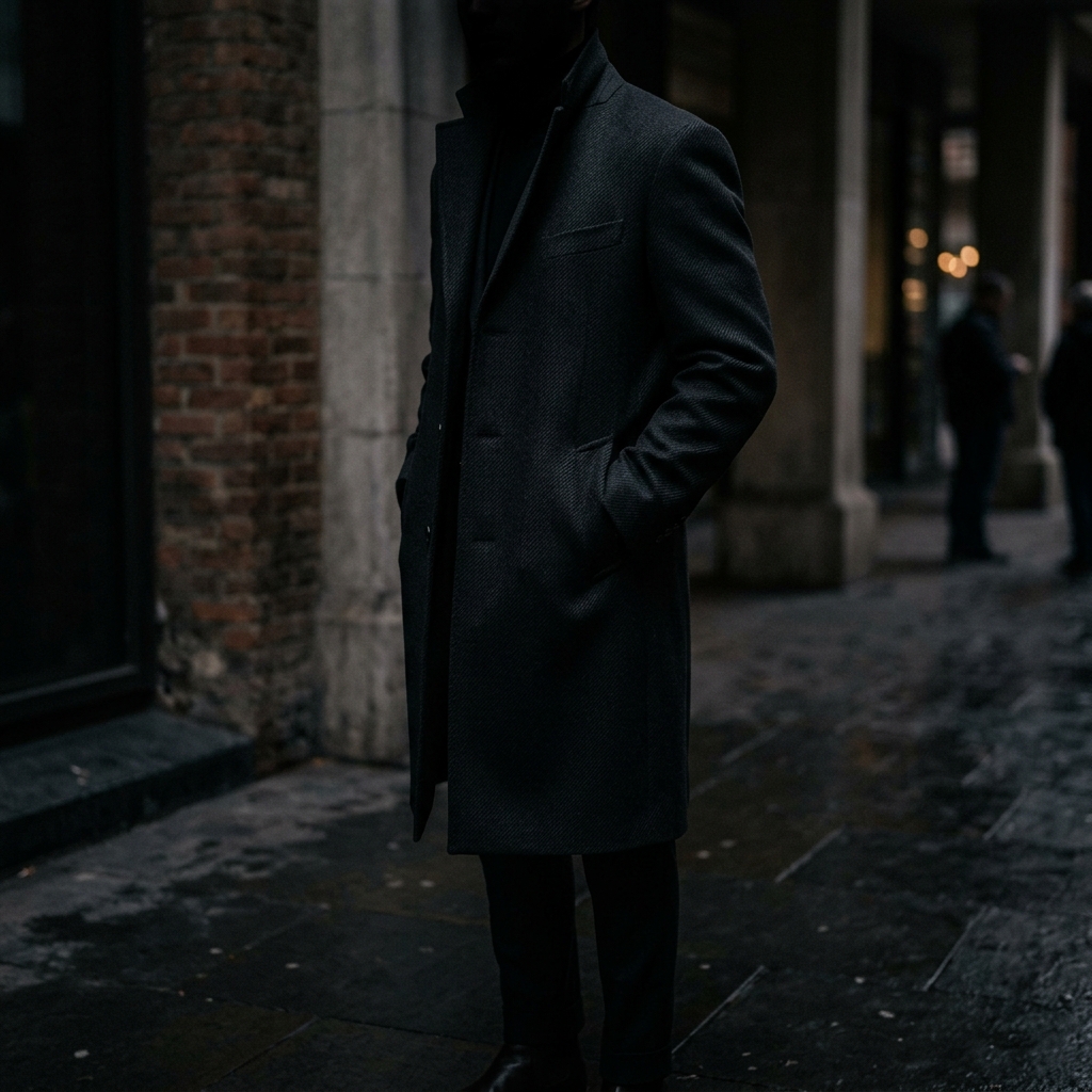 Faceless figure in quiet luxury dark wool coat